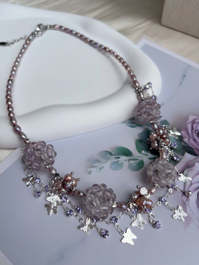 #PN1037 [Floral Series] Freshwater Pearl Necklace | Lavender Purple Pearl | Rice Baroque | Dream Catcher | 40+5cm| Natural Stone Flower Ball| Shining in Rhythm