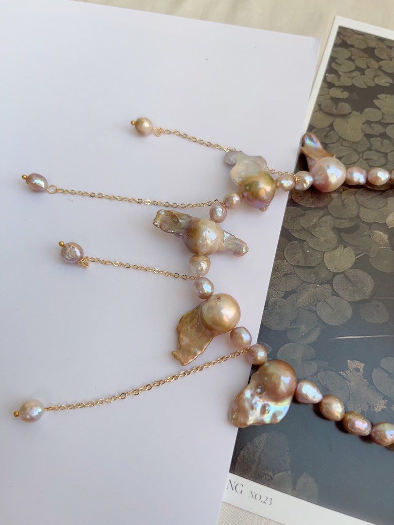 #PN1039 Freshwater Pearl Necklace | Vintage Copper Golden Lustre | Fishtail Baroque | Rare Shape| 40+5cm| Tassels | You Deserve Good Jewelry