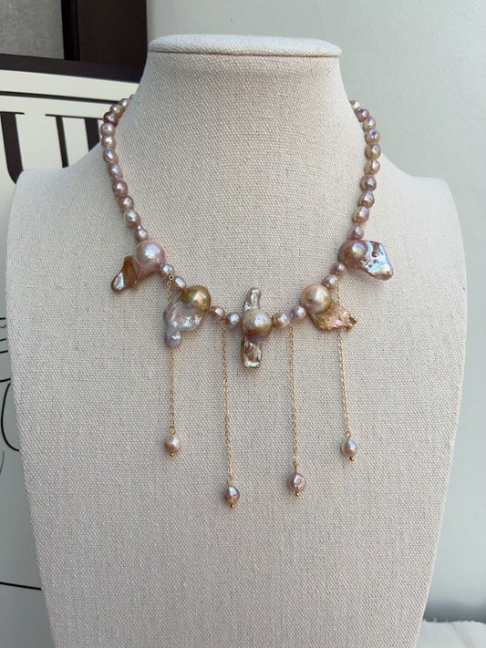 #PN1039 Freshwater Pearl Necklace | Vintage Copper Golden Lustre | Fishtail Baroque | Rare Shape| 40+5cm| Tassels | You Deserve Good Jewelry