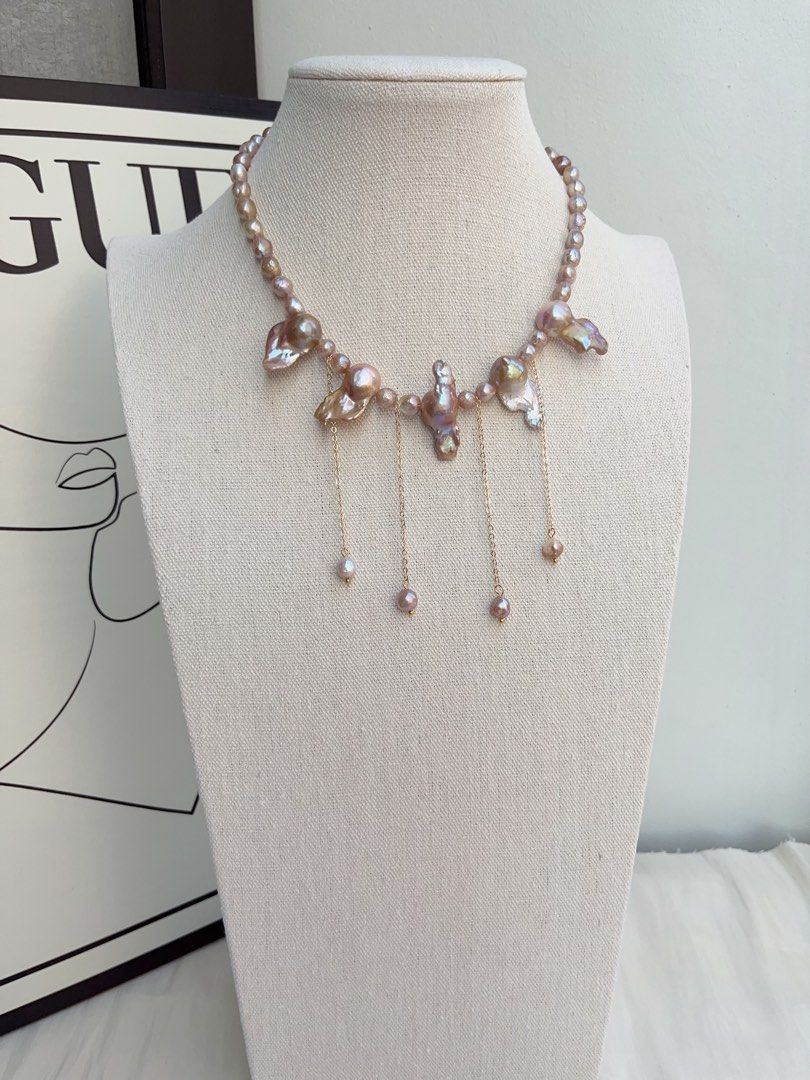 #PN1039 Freshwater Pearl Necklace | Vintage Copper Golden Lustre | Fishtail Baroque | Rare Shape| 40+5cm| Tassels | You Deserve Good Jewelry