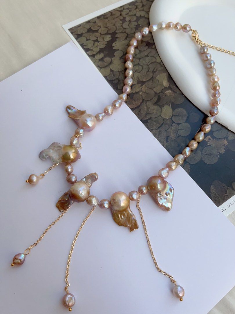 #PN1039 Freshwater Pearl Necklace | Vintage Copper Golden Lustre | Fishtail Baroque | Rare Shape| 40+5cm| Tassels | You Deserve Good Jewelry