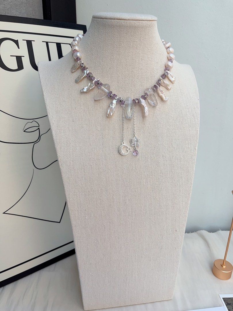 #PN1042 Freshwater Pearl Necklace | Star ⭐️ & Moon 🌙 | Amethyst | Natural Stones | Lute Shaped | Lustrous | Growth Lines| 40+5cm| Dangling Design| Jewelry That Makes You Feel Good About Yourself
