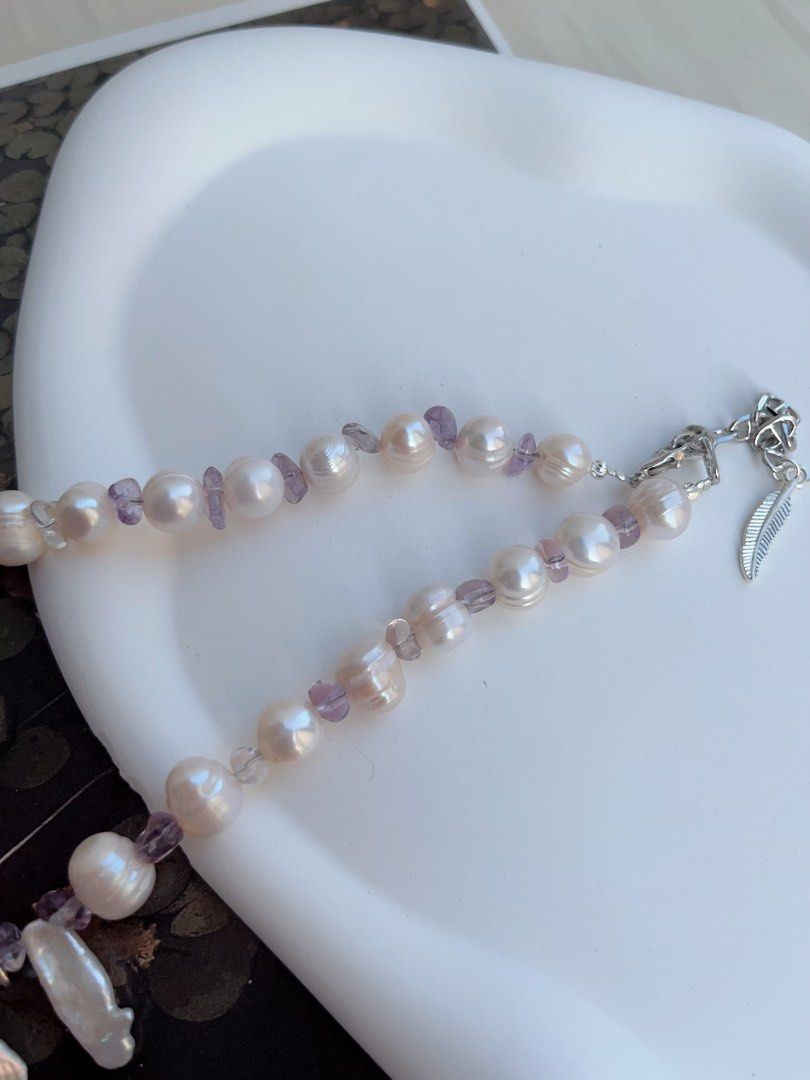 #PN1042 Freshwater Pearl Necklace | Star ⭐️ & Moon 🌙 | Amethyst | Natural Stones | Lute Shaped | Lustrous | Growth Lines| 40+5cm| Dangling Design| Jewelry That Makes You Feel Good About Yourself