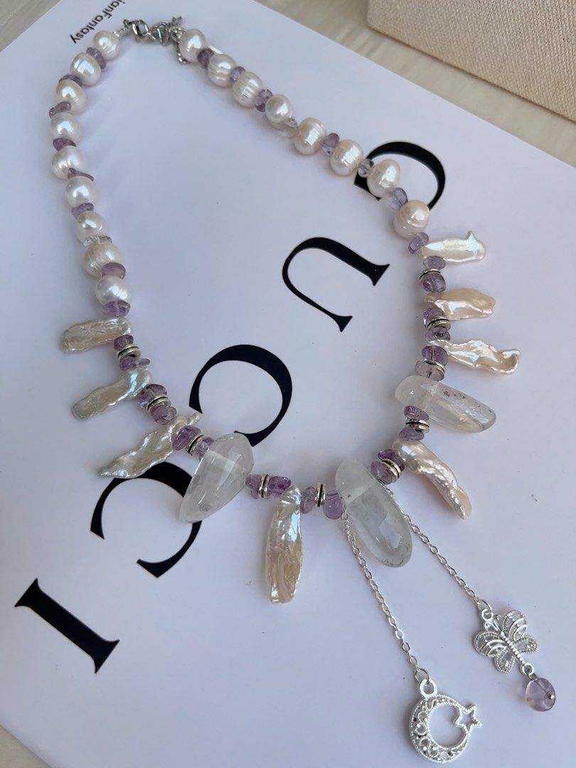 #PN1042 Freshwater Pearl Necklace | Star ⭐️ & Moon 🌙 | Amethyst | Natural Stones | Lute Shaped | Lustrous | Growth Lines| 40+5cm| Dangling Design| Jewelry That Makes You Feel Good About Yourself