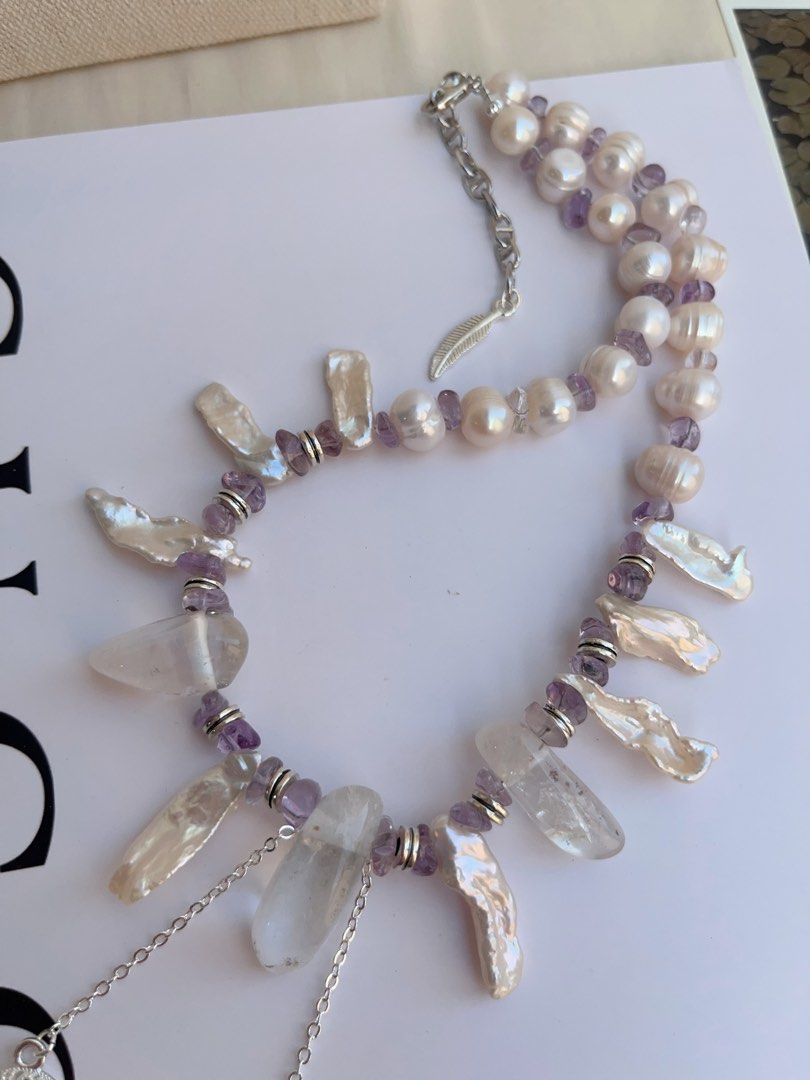 #PN1042 Freshwater Pearl Necklace | Star ⭐️ & Moon 🌙 | Amethyst | Natural Stones | Lute Shaped | Lustrous | Growth Lines| 40+5cm| Dangling Design| Jewelry That Makes You Feel Good About Yourself
