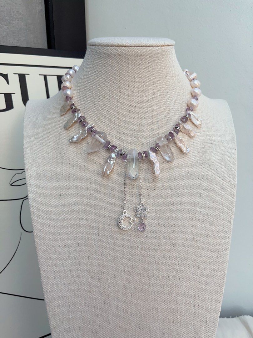 #PN1042 Freshwater Pearl Necklace | Star ⭐️ & Moon 🌙 | Amethyst | Natural Stones | Lute Shaped | Lustrous | Growth Lines| 40+5cm| Dangling Design| Jewelry That Makes You Feel Good About Yourself