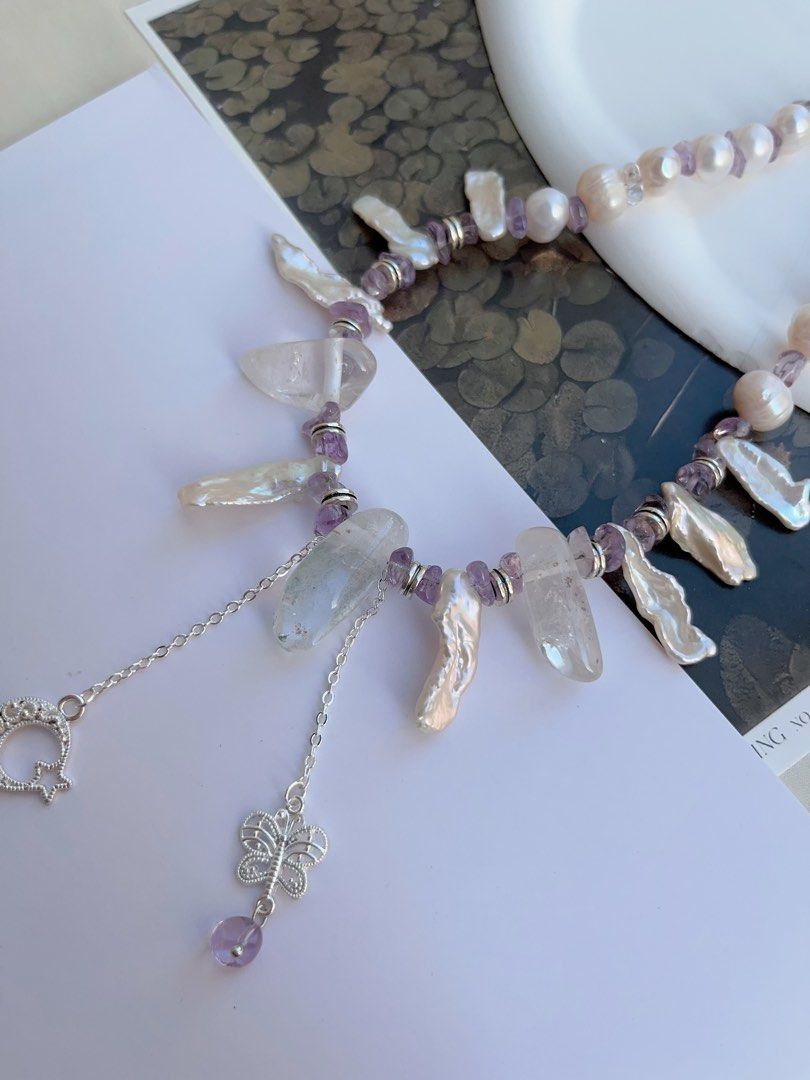 #PN1042 Freshwater Pearl Necklace | Star ⭐️ & Moon 🌙 | Amethyst | Natural Stones | Lute Shaped | Lustrous | Growth Lines| 40+5cm| Dangling Design| Jewelry That Makes You Feel Good About Yourself