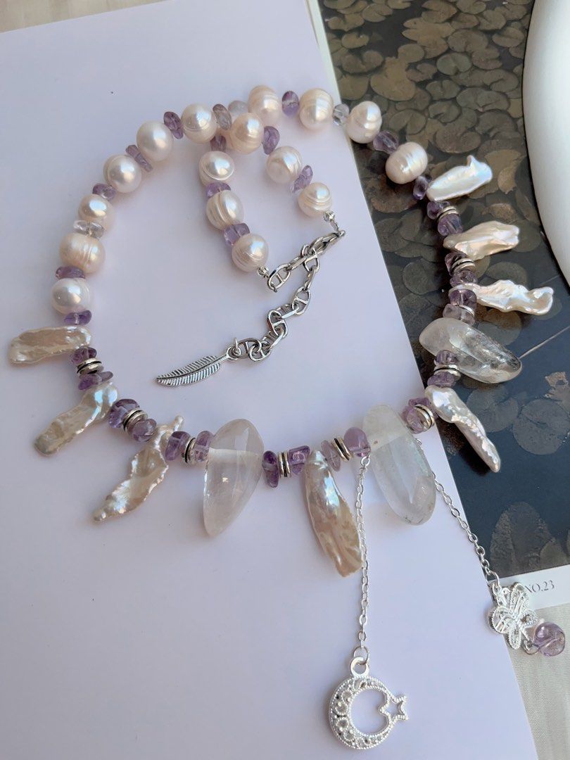 #PN1042 Freshwater Pearl Necklace | Star ⭐️ & Moon 🌙 | Amethyst | Natural Stones | Lute Shaped | Lustrous | Growth Lines| 40+5cm| Dangling Design| Jewelry That Makes You Feel Good About Yourself