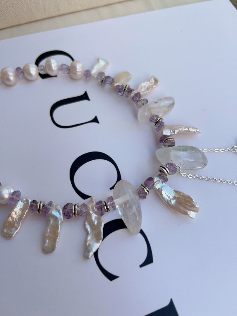 #PN1042 Freshwater Pearl Necklace | Star ⭐️ & Moon 🌙 | Amethyst | Natural Stones | Lute Shaped | Lustrous | Growth Lines| 40+5cm| Dangling Design| Jewelry That Makes You Feel Good About Yourself