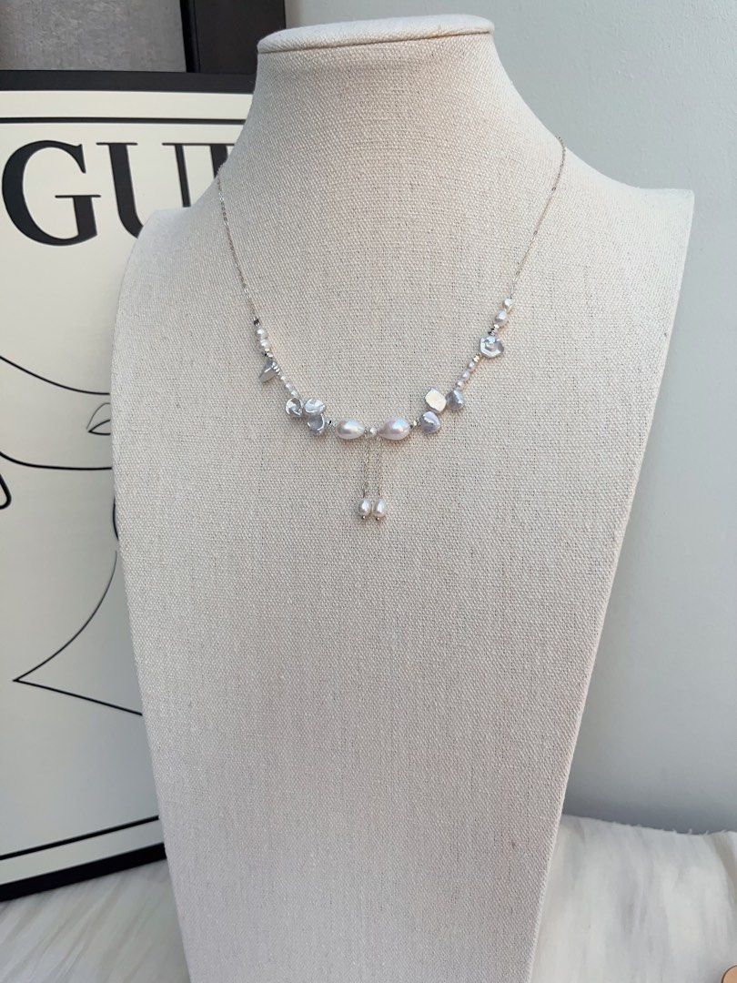#PN1046 Freshwater Pearl Necklace | Irregular Silver Pearl Stone| Bow Tie Design | Lustrous | Chain Necklace | Dangling | Dainty & Fairy
