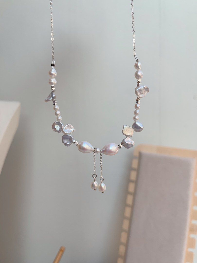 #PN1046 Freshwater Pearl Necklace | Irregular Silver Pearl Stone| Bow Tie Design | Lustrous | Chain Necklace | Dangling | Dainty & Fairy