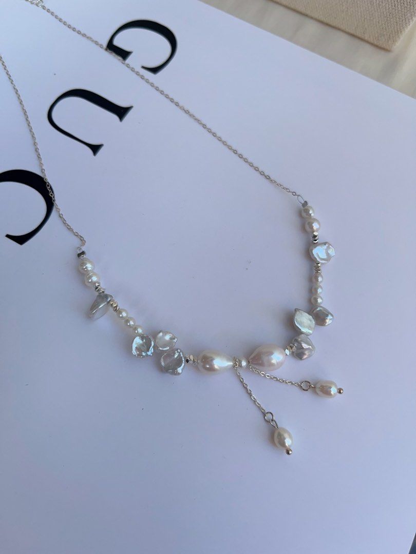 #PN1046 Freshwater Pearl Necklace | Irregular Silver Pearl Stone| Bow Tie Design | Lustrous | Chain Necklace | Dangling | Dainty & Fairy