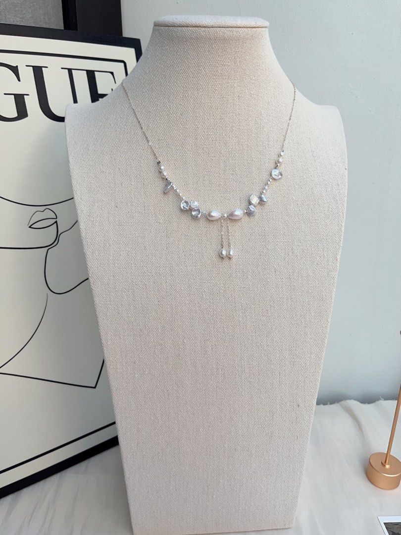 #PN1046 Freshwater Pearl Necklace | Irregular Silver Pearl Stone| Bow Tie Design | Lustrous | Chain Necklace | Dangling | Dainty & Fairy