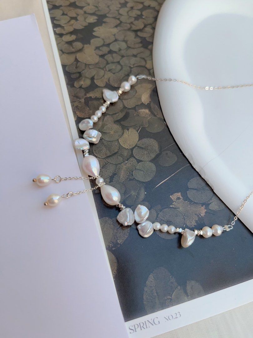 #PN1046 Freshwater Pearl Necklace | Irregular Silver Pearl Stone| Bow Tie Design | Lustrous | Chain Necklace | Dangling | Dainty & Fairy