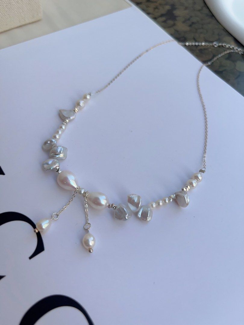 #PN1046 Freshwater Pearl Necklace | Irregular Silver Pearl Stone| Bow Tie Design | Lustrous | Chain Necklace | Dangling | Dainty & Fairy