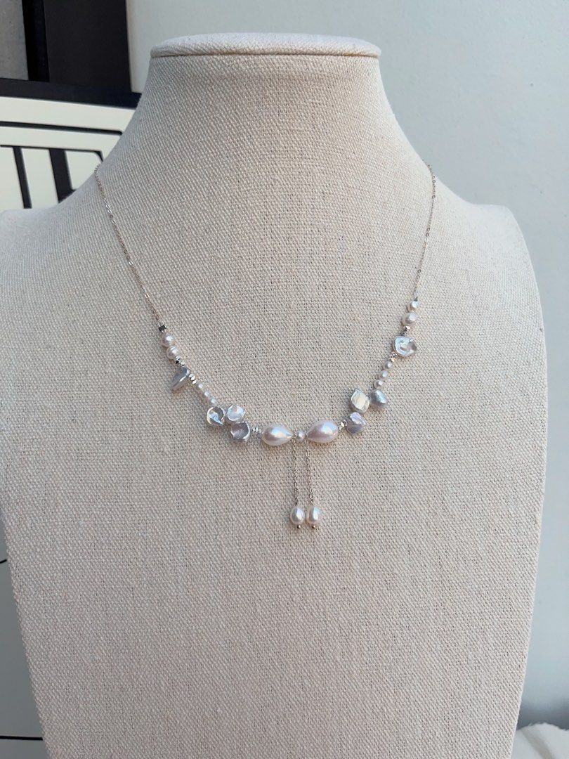 #PN1046 Freshwater Pearl Necklace | Irregular Silver Pearl Stone| Bow Tie Design | Lustrous | Chain Necklace | Dangling | Dainty & Fairy