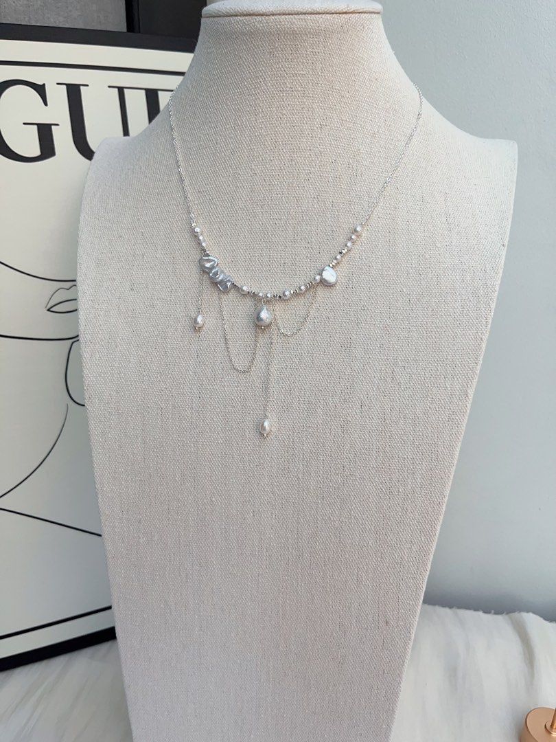 #PN1047 Freshwater Pearl Necklace | Pearl Silver Stone | Dangling Pearl | Chain| Fairy Like| Dainty| As Light as Wind