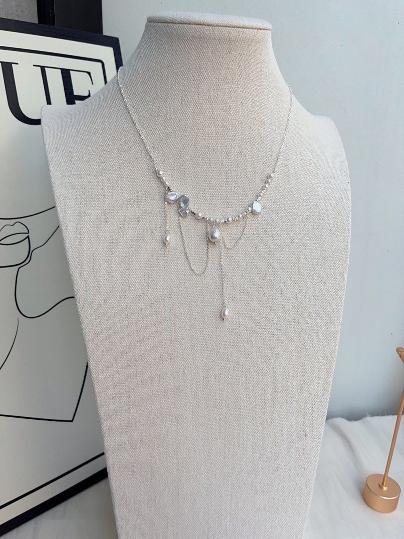 #PN1047 Freshwater Pearl Necklace | Pearl Silver Stone | Dangling Pearl | Chain| Fairy Like| Dainty| As Light as Wind