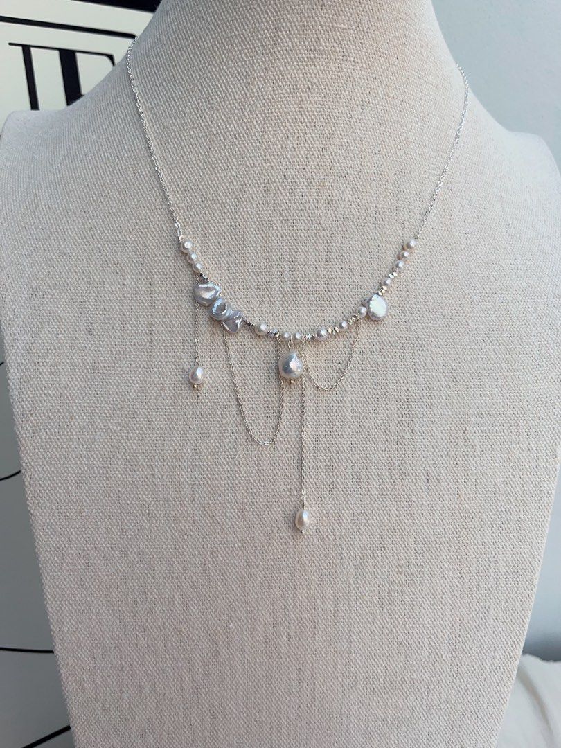 #PN1047 Freshwater Pearl Necklace | Pearl Silver Stone | Dangling Pearl | Chain| Fairy Like| Dainty| As Light as Wind