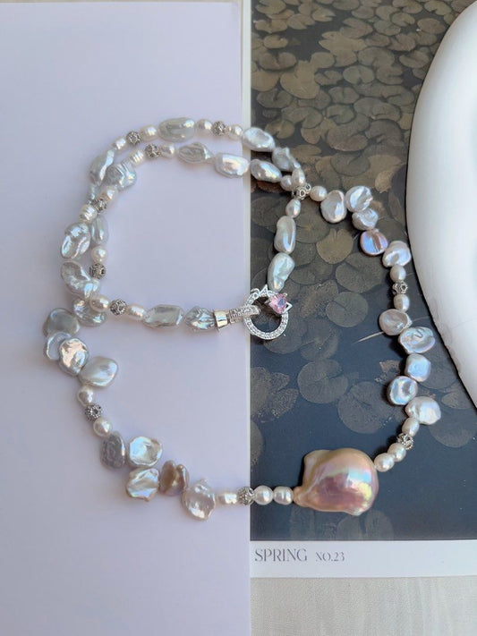 #PN1048 Freshwater Pearl Necklace | Lustrous Lavender Fishtail Baroque Pearl| 7mm Silver Petals| 50cm Long| Christmas Gift 🎄 | Comes With Christmas Card