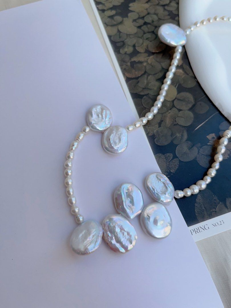 #PN1049 Freshwater Pearl Necklace | 45+5cm|Blue-pink Lustre Big Petals| 3-4mm Rice Pearls| 13mm Petals| Re-define Elegance| Unique & Special | Christmas Gifts 🎁