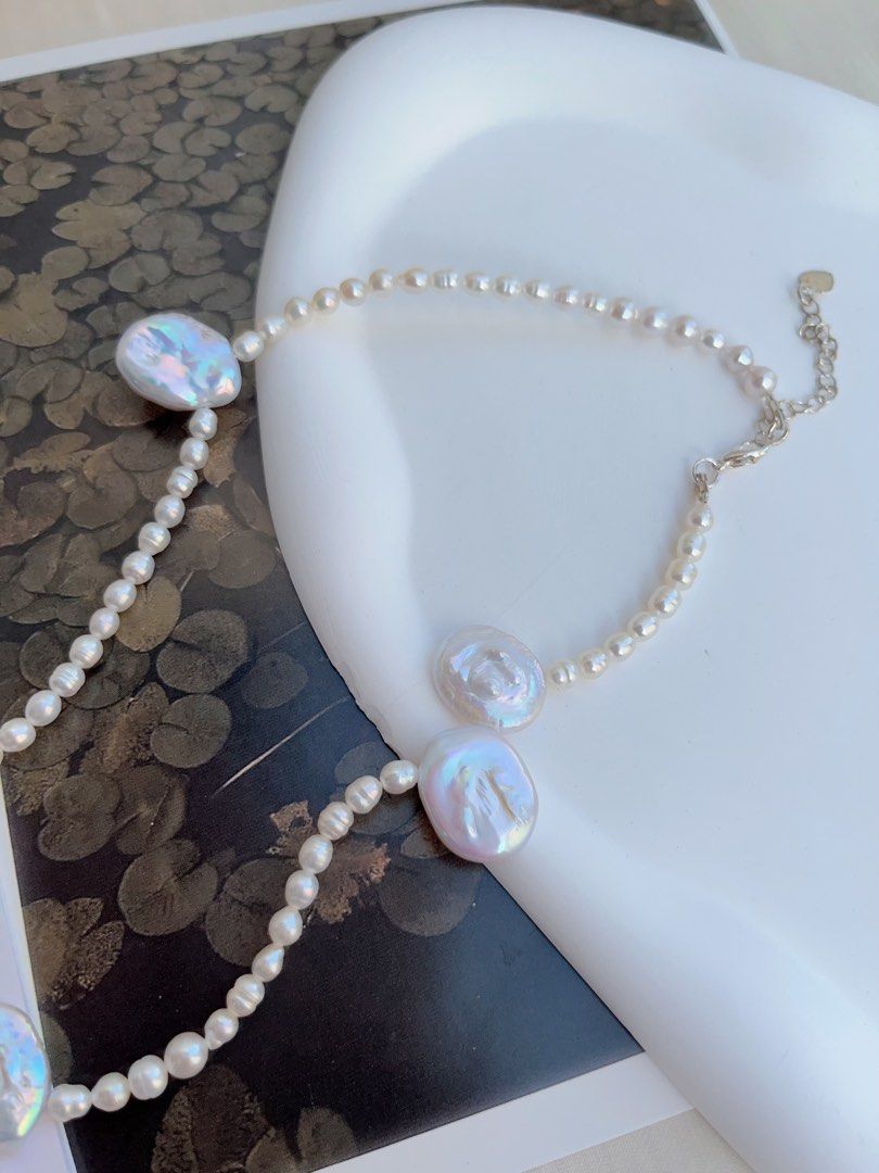 #PN1049 Freshwater Pearl Necklace | 45+5cm|Blue-pink Lustre Big Petals| 3-4mm Rice Pearls| 13mm Petals| Re-define Elegance| Unique & Special | Christmas Gifts 🎁