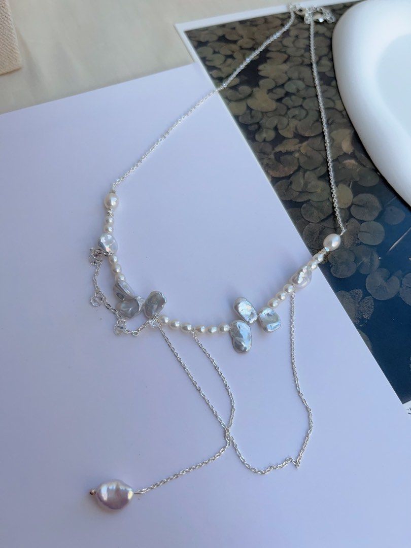 #PN1051 Freshwater Pearl Necklace | Natural Silver Baroque Petals| Silver Stone Baroque | Standard Blue-silver Lustre| 45+5cm| Feel A Different Vibe| Christmas Gift 💝