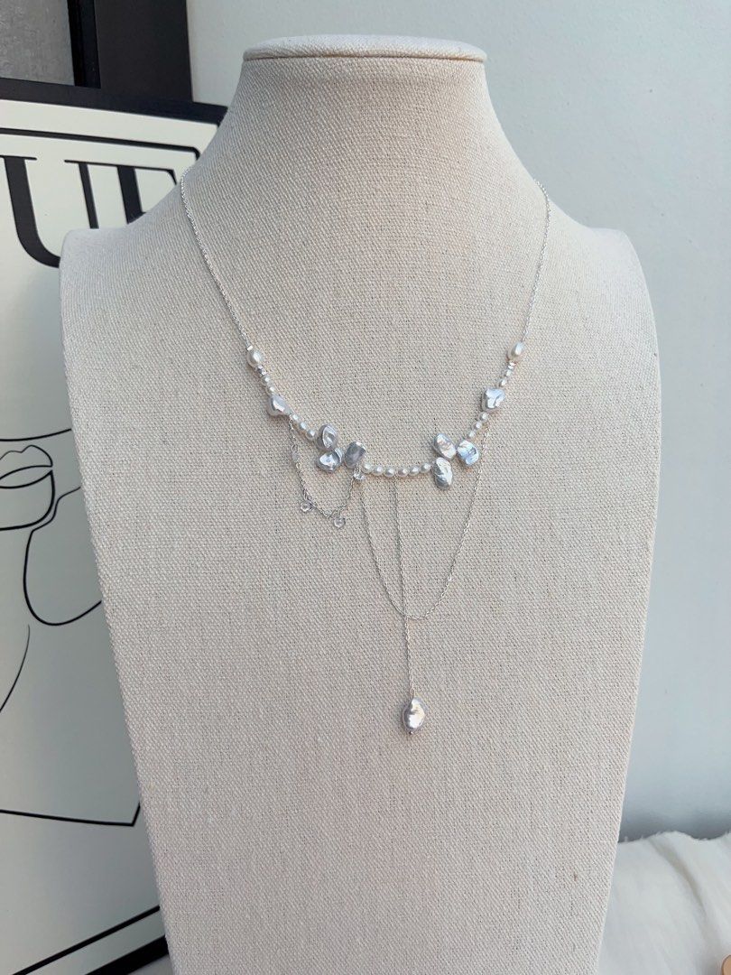 #PN1051 Freshwater Pearl Necklace | Natural Silver Baroque Petals| Silver Stone Baroque | Standard Blue-silver Lustre| 45+5cm| Feel A Different Vibe| Christmas Gift 💝