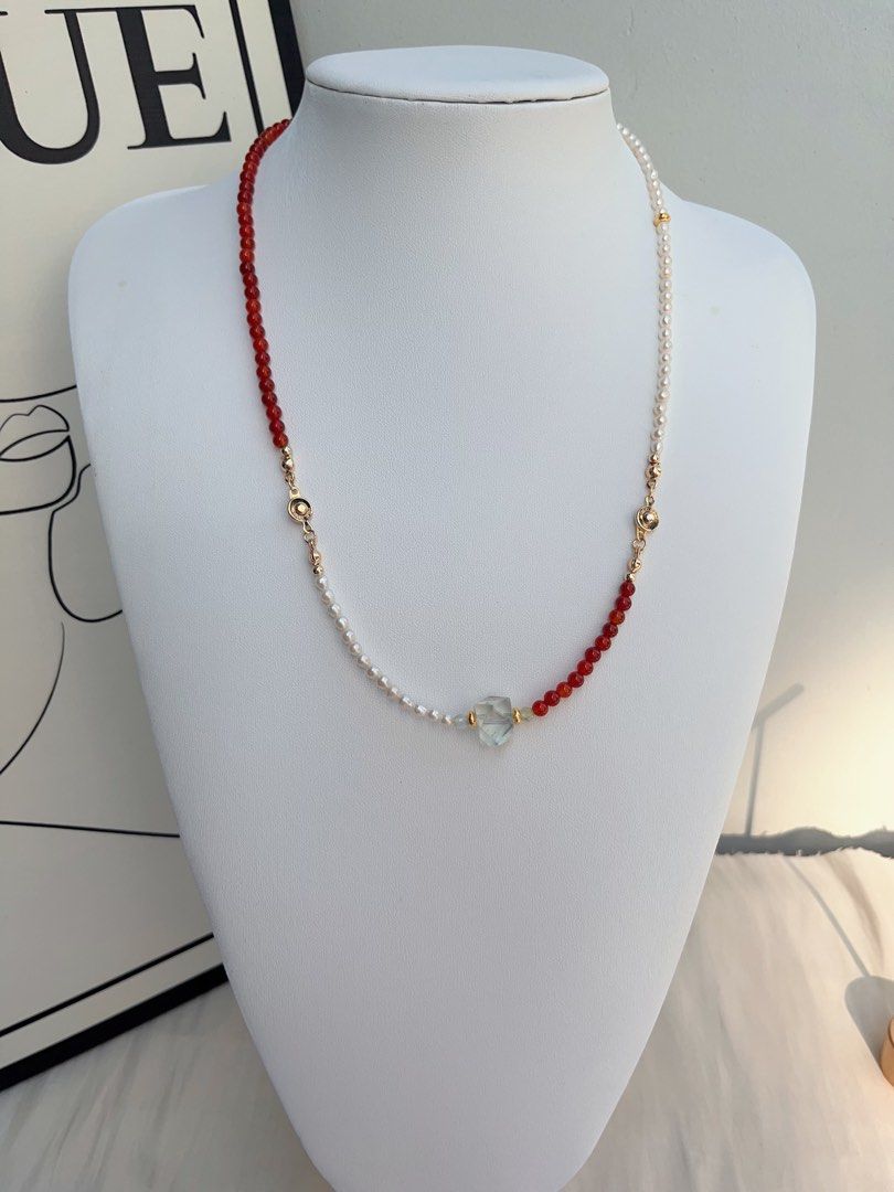 #PN1052 Freshwater Pearl Necklace & Bracelet Set | Baby Pearl | Red Agate| Green Beryl Faceted | Clear Quartz | Can Connect to Wear| Button Clasp| Dainty| Low-key Glamour| Christmas Gift 💝