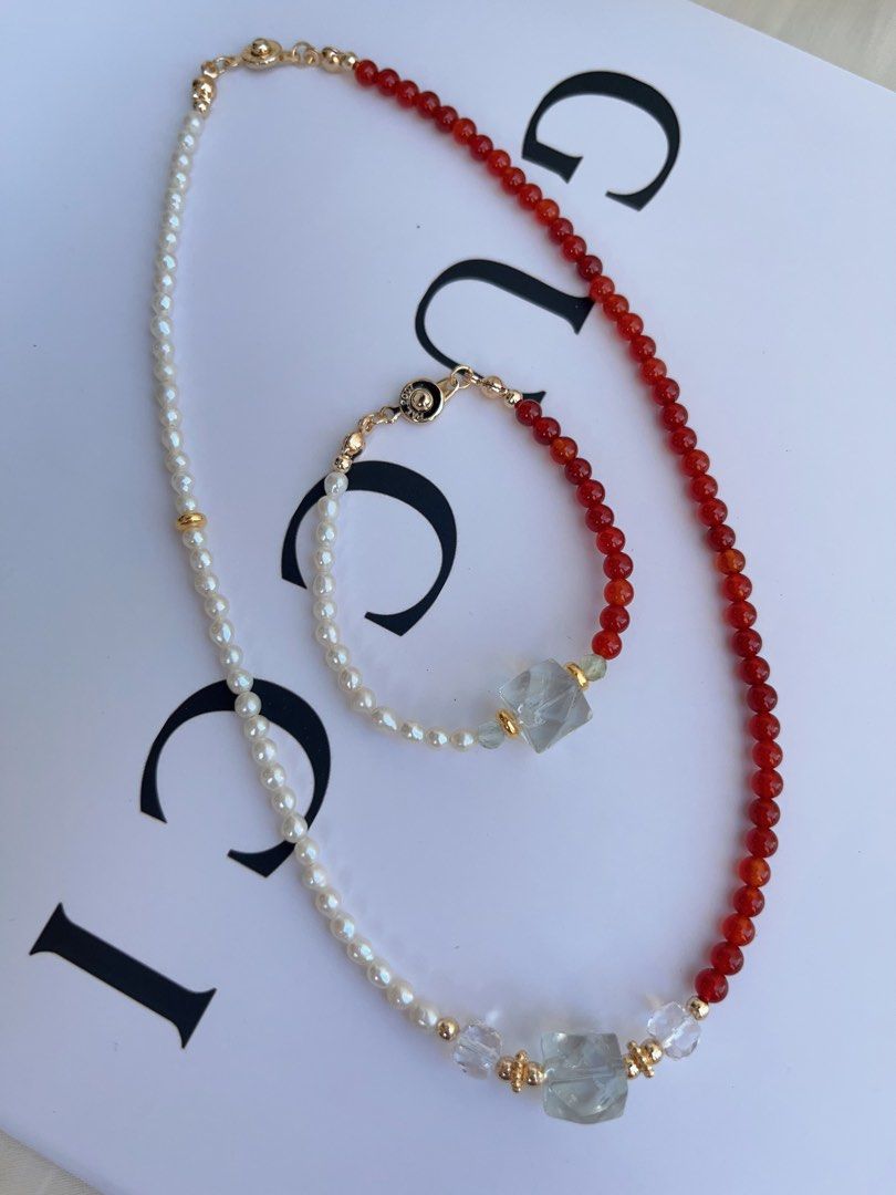 #PN1052 Freshwater Pearl Necklace & Bracelet Set | Baby Pearl | Red Agate| Green Beryl Faceted | Clear Quartz | Can Connect to Wear| Button Clasp| Dainty| Low-key Glamour| Christmas Gift 💝