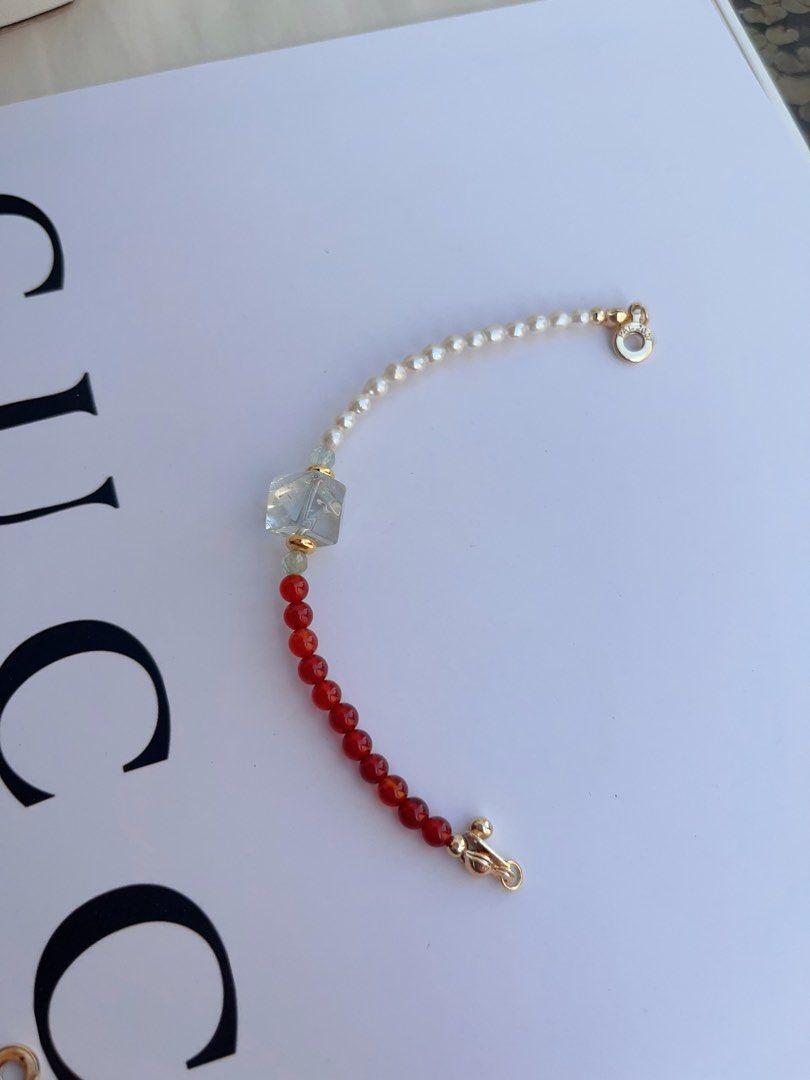 #PN1052 Freshwater Pearl Necklace & Bracelet Set | Baby Pearl | Red Agate| Green Beryl Faceted | Clear Quartz | Can Connect to Wear| Button Clasp| Dainty| Low-key Glamour| Christmas Gift 💝