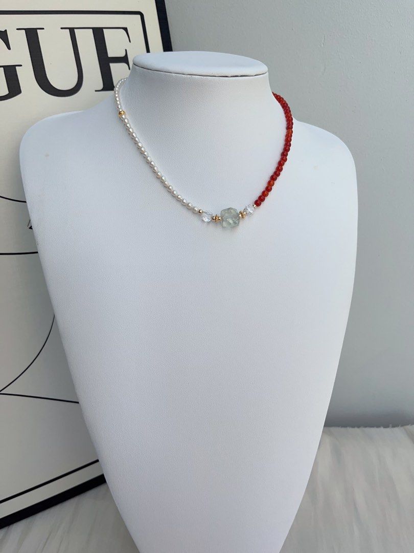 #PN1052 Freshwater Pearl Necklace & Bracelet Set | Baby Pearl | Red Agate| Green Beryl Faceted | Clear Quartz | Can Connect to Wear| Button Clasp| Dainty| Low-key Glamour| Christmas Gift 💝