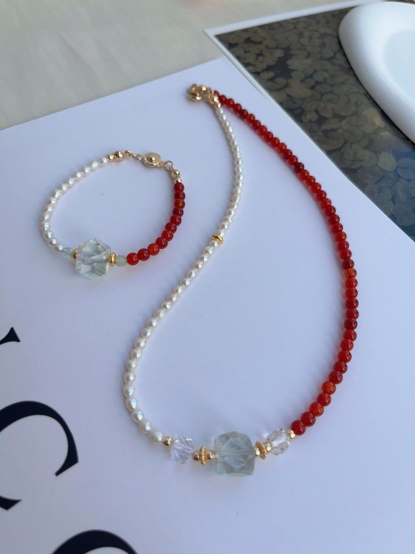 #PN1052 Freshwater Pearl Necklace & Bracelet Set | Baby Pearl | Red Agate| Green Beryl Faceted | Clear Quartz | Can Connect to Wear| Button Clasp| Dainty| Low-key Glamour| Christmas Gift 💝