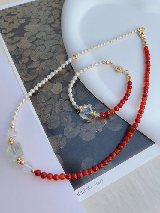 #PN1052 Freshwater Pearl Necklace & Bracelet Set | Baby Pearl | Red Agate| Green Beryl Faceted | Clear Quartz | Can Connect to Wear| Button Clasp| Dainty| Low-key Glamour| Christmas Gift 💝