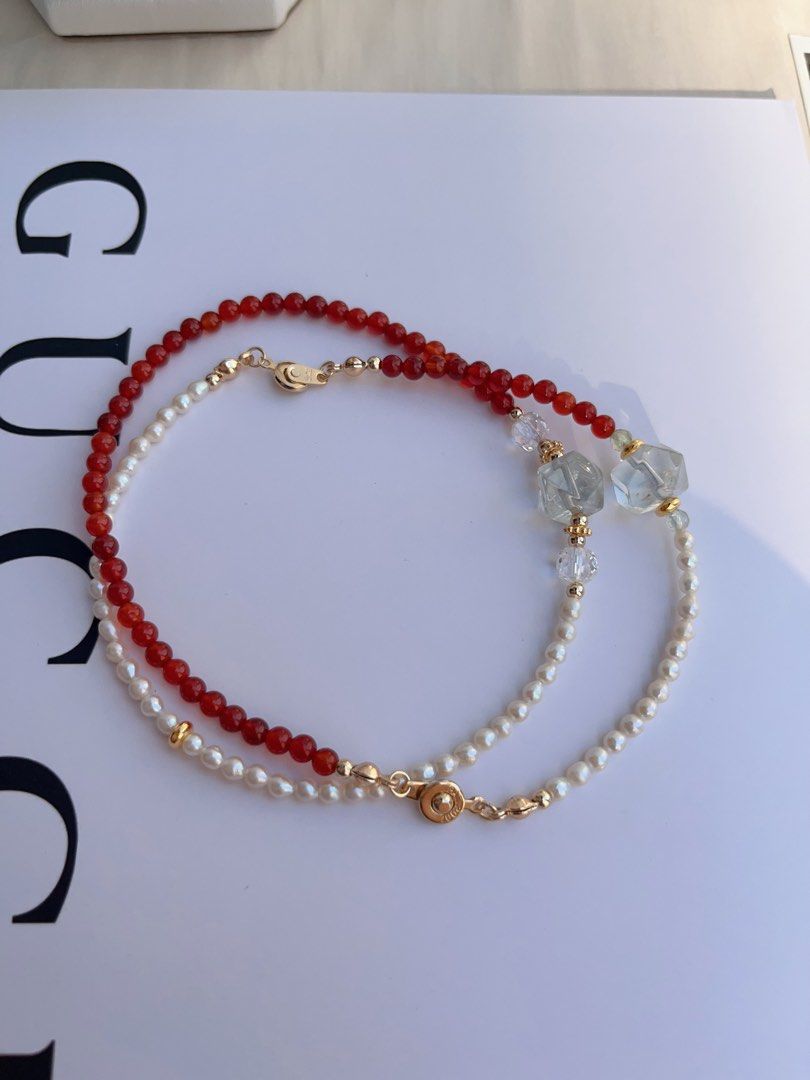 #PN1052 Freshwater Pearl Necklace & Bracelet Set | Baby Pearl | Red Agate| Green Beryl Faceted | Clear Quartz | Can Connect to Wear| Button Clasp| Dainty| Low-key Glamour| Christmas Gift 💝