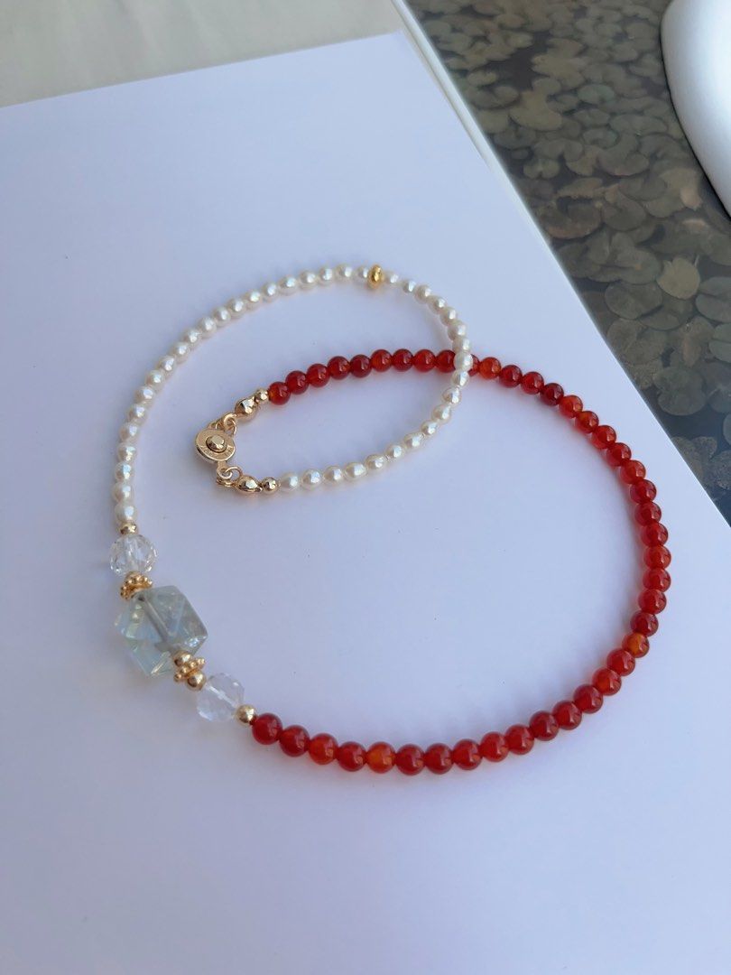 #PN1052 Freshwater Pearl Necklace & Bracelet Set | Baby Pearl | Red Agate| Green Beryl Faceted | Clear Quartz | Can Connect to Wear| Button Clasp| Dainty| Low-key Glamour| Christmas Gift 💝