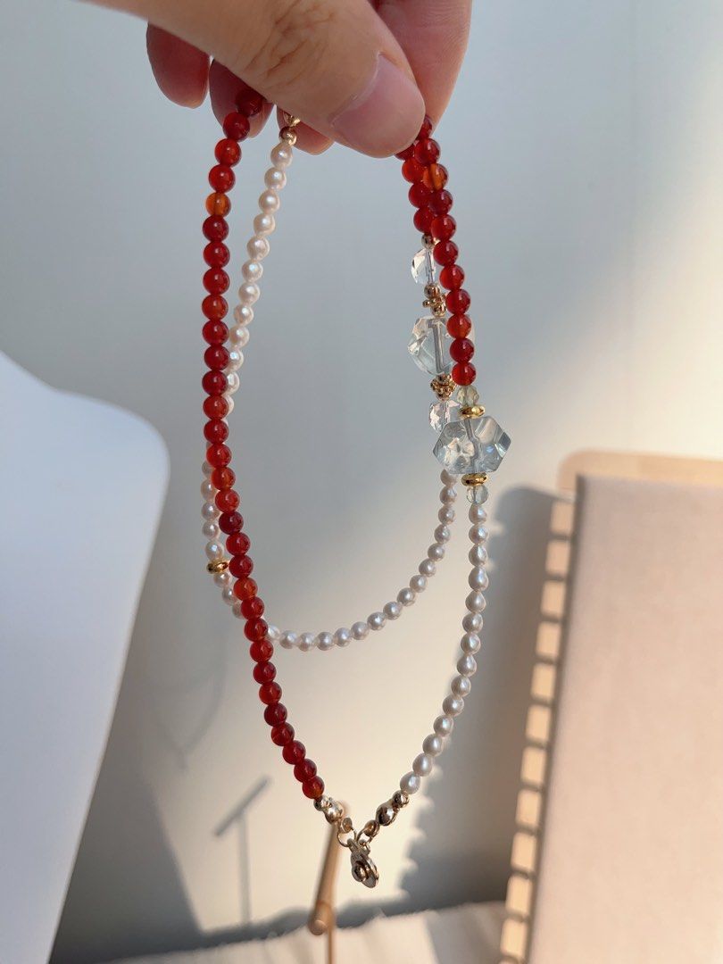 #PN1052 Freshwater Pearl Necklace & Bracelet Set | Baby Pearl | Red Agate| Green Beryl Faceted | Clear Quartz | Can Connect to Wear| Button Clasp| Dainty| Low-key Glamour| Christmas Gift 💝