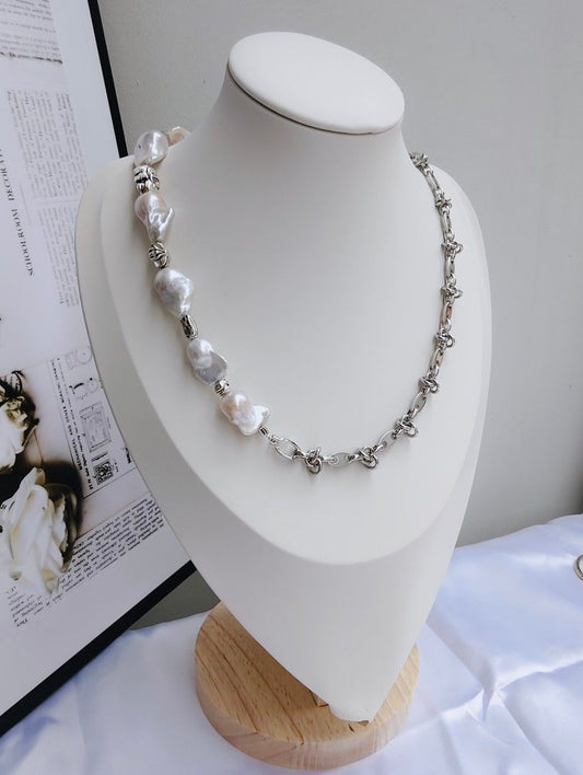 #PN1054 Freshwater Pearl Necklace | Cool Silver Style | Can Wear as Bracelet | 2-in-1| Half Chain Half Pearl| Fishtail Baroque | Natural Flaws| Vintage in Modern Fashion | Christmas Gift 💝