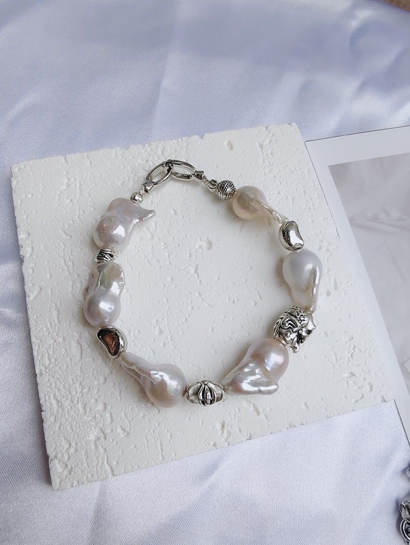 #PN1054 Freshwater Pearl Necklace | Cool Silver Style | Can Wear as Bracelet | 2-in-1| Half Chain Half Pearl| Fishtail Baroque | Natural Flaws| Vintage in Modern Fashion | Christmas Gift 💝