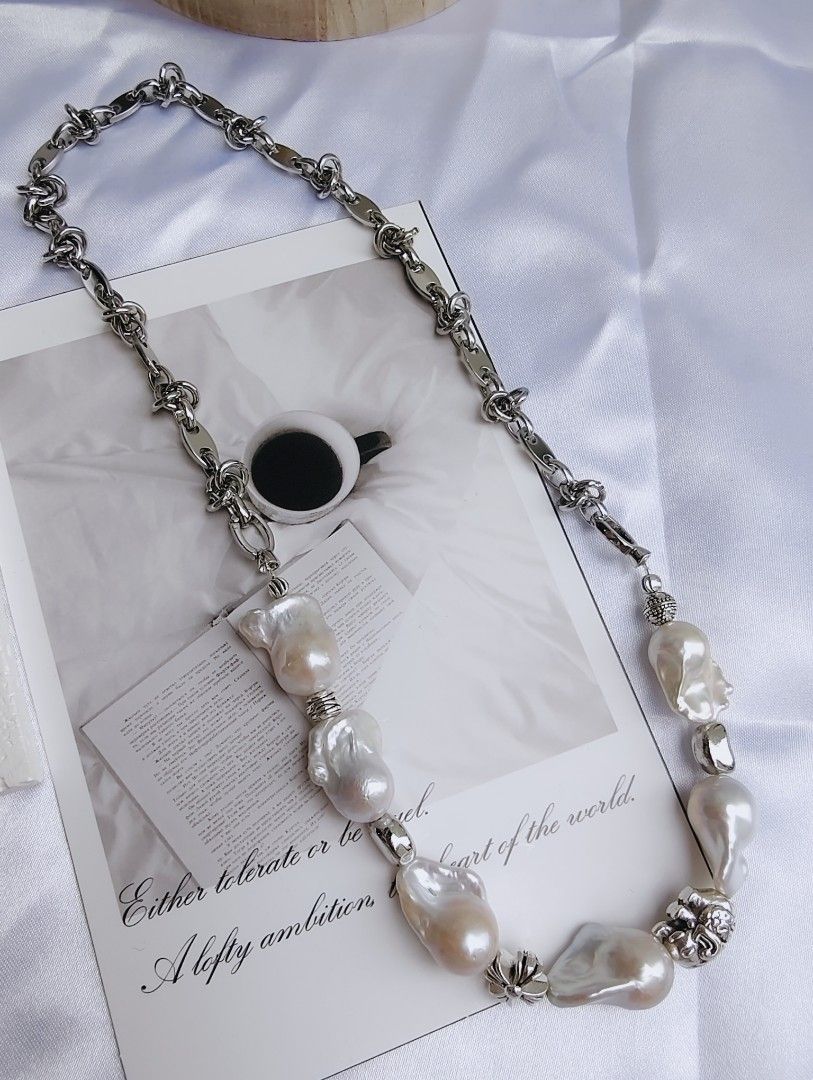 #PN1054 Freshwater Pearl Necklace | Cool Silver Style | Can Wear as Bracelet | 2-in-1| Half Chain Half Pearl| Fishtail Baroque | Natural Flaws| Vintage in Modern Fashion | Christmas Gift 💝