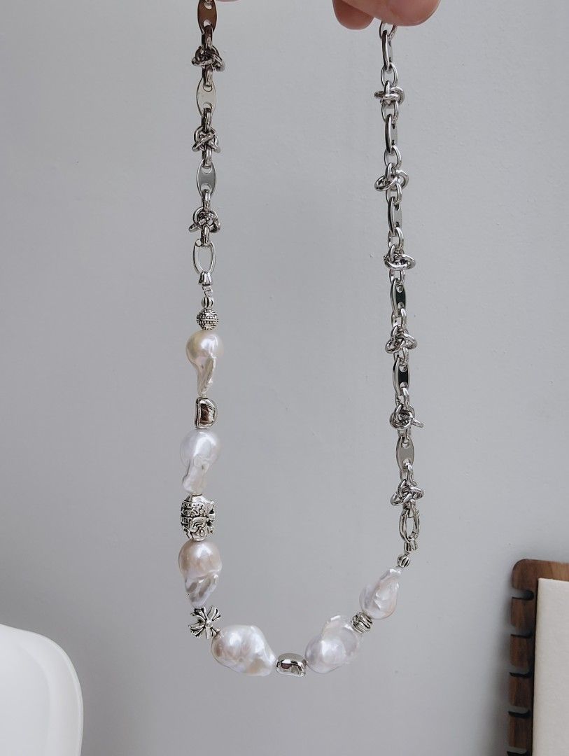 #PN1054 Freshwater Pearl Necklace | Cool Silver Style | Can Wear as Bracelet | 2-in-1| Half Chain Half Pearl| Fishtail Baroque | Natural Flaws| Vintage in Modern Fashion | Christmas Gift 💝