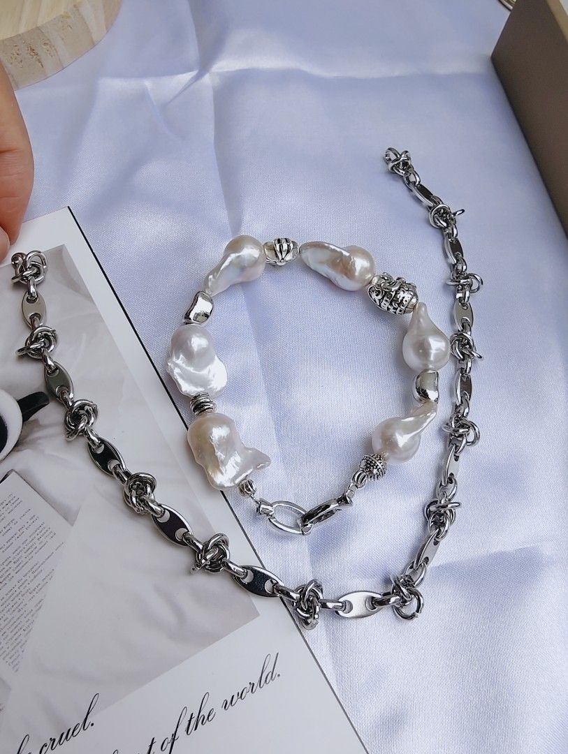 #PN1054 Freshwater Pearl Necklace | Cool Silver Style | Can Wear as Bracelet | 2-in-1| Half Chain Half Pearl| Fishtail Baroque | Natural Flaws| Vintage in Modern Fashion | Christmas Gift 💝