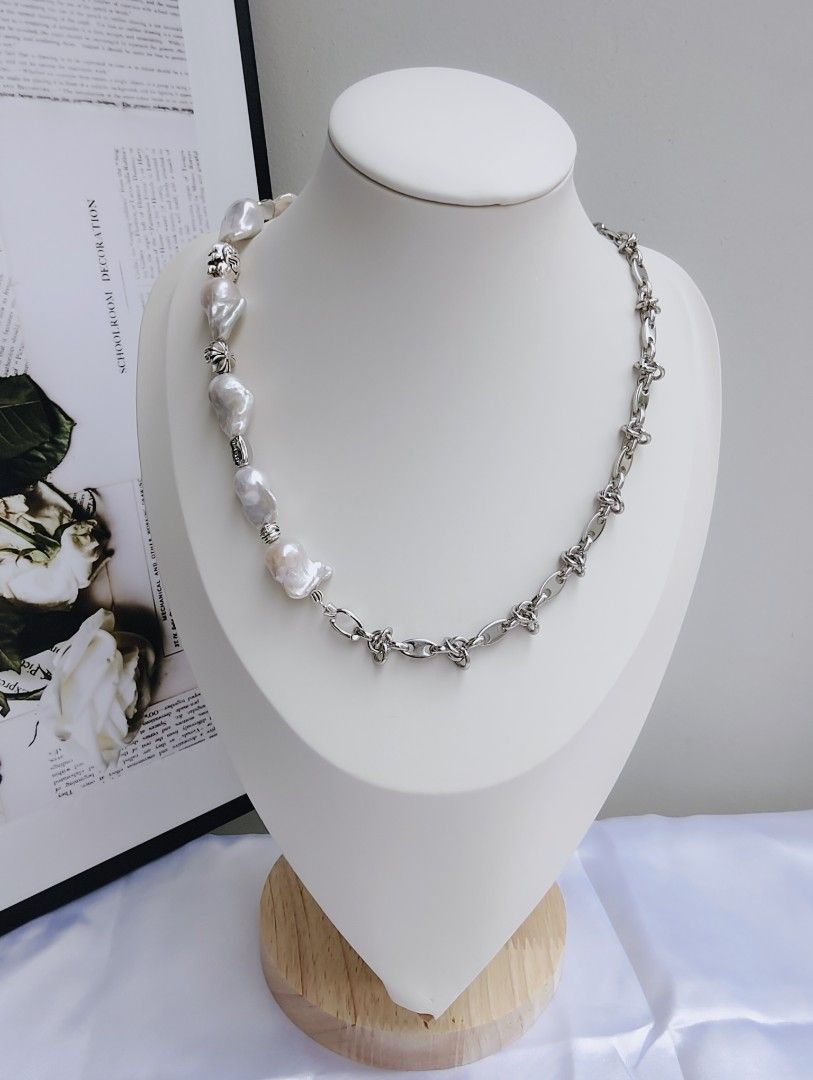 #PN1054 Freshwater Pearl Necklace | Cool Silver Style | Can Wear as Bracelet | 2-in-1| Half Chain Half Pearl| Fishtail Baroque | Natural Flaws| Vintage in Modern Fashion | Christmas Gift 💝