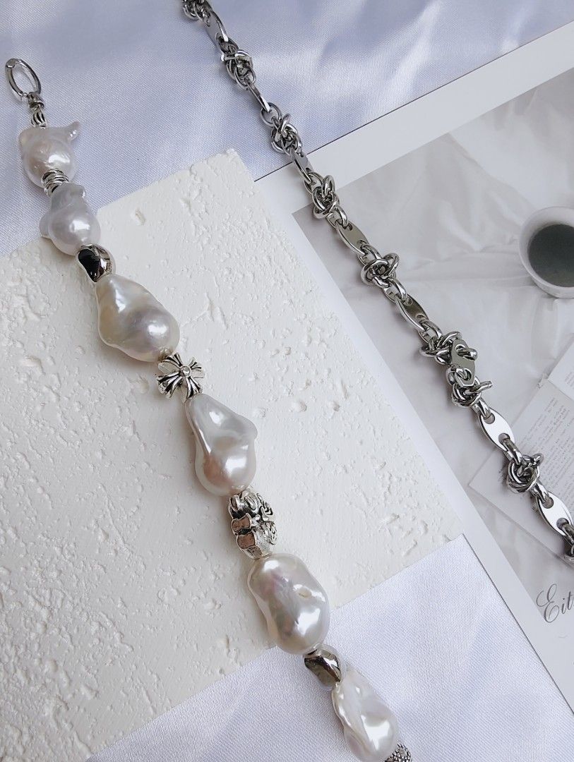 #PN1054 Freshwater Pearl Necklace | Cool Silver Style | Can Wear as Bracelet | 2-in-1| Half Chain Half Pearl| Fishtail Baroque | Natural Flaws| Vintage in Modern Fashion | Christmas Gift 💝