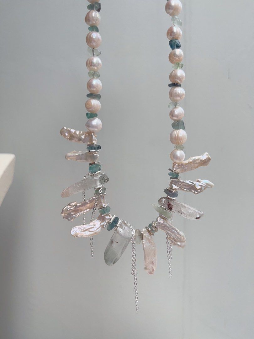 #PN1055 Freshwater Pearl Necklace | 40+5cm| Lute Pearl | Garden Quartz Tower| Lustrous | Natural Stones | Growth Lines| Bohemia Style | Christmas Gift 💝 Option| Free Gift Card| Angels Wings