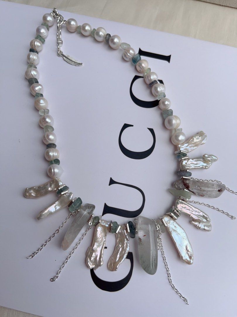 #PN1055 Freshwater Pearl Necklace | 40+5cm| Lute Pearl | Garden Quartz Tower| Lustrous | Natural Stones | Growth Lines| Bohemia Style | Christmas Gift 💝 Option| Free Gift Card| Angels Wings