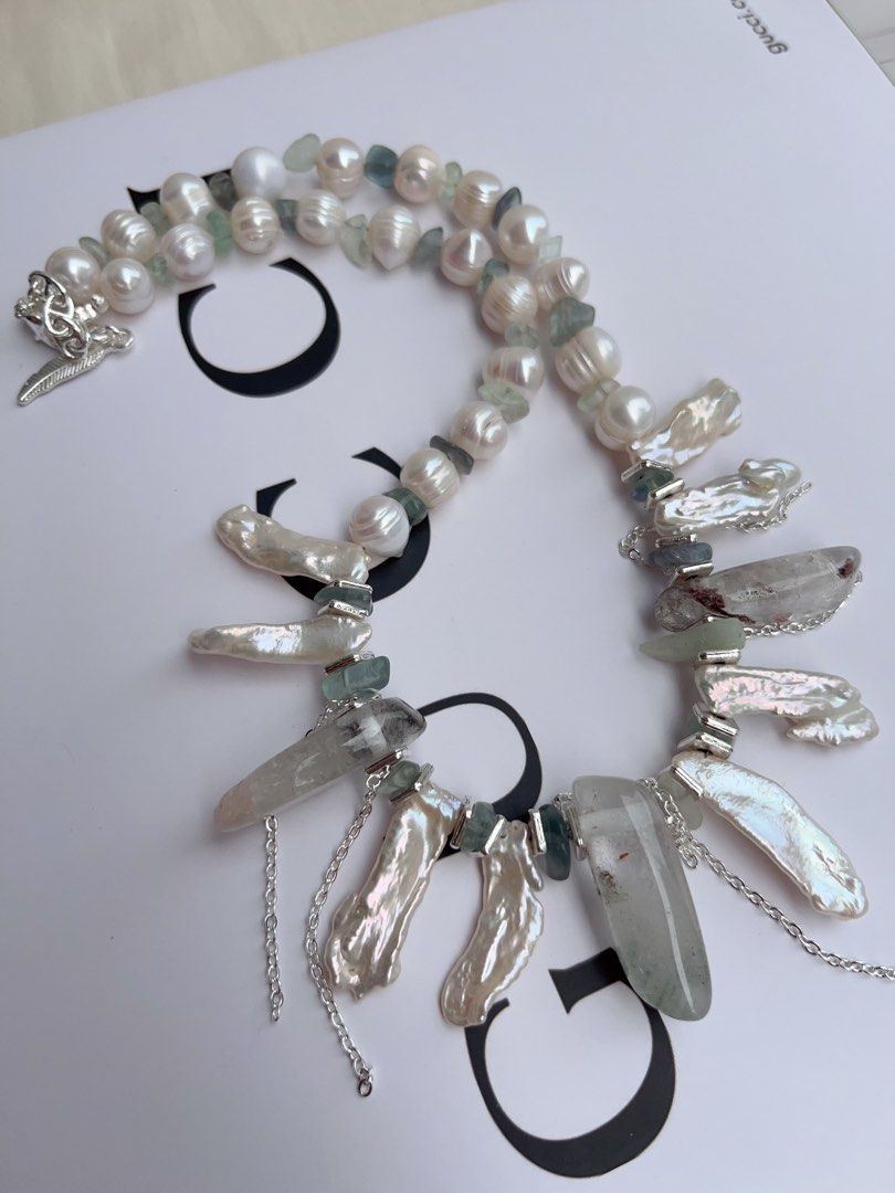#PN1055 Freshwater Pearl Necklace | 40+5cm| Lute Pearl | Garden Quartz Tower| Lustrous | Natural Stones | Growth Lines| Bohemia Style | Christmas Gift 💝 Option| Free Gift Card| Angels Wings