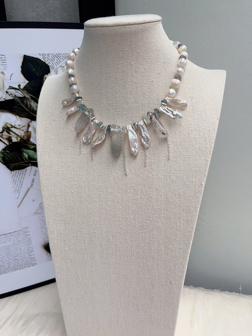 #PN1055 Freshwater Pearl Necklace | 40+5cm| Lute Pearl | Garden Quartz Tower| Lustrous | Natural Stones | Growth Lines| Bohemia Style | Christmas Gift 💝 Option| Free Gift Card| Angels Wings