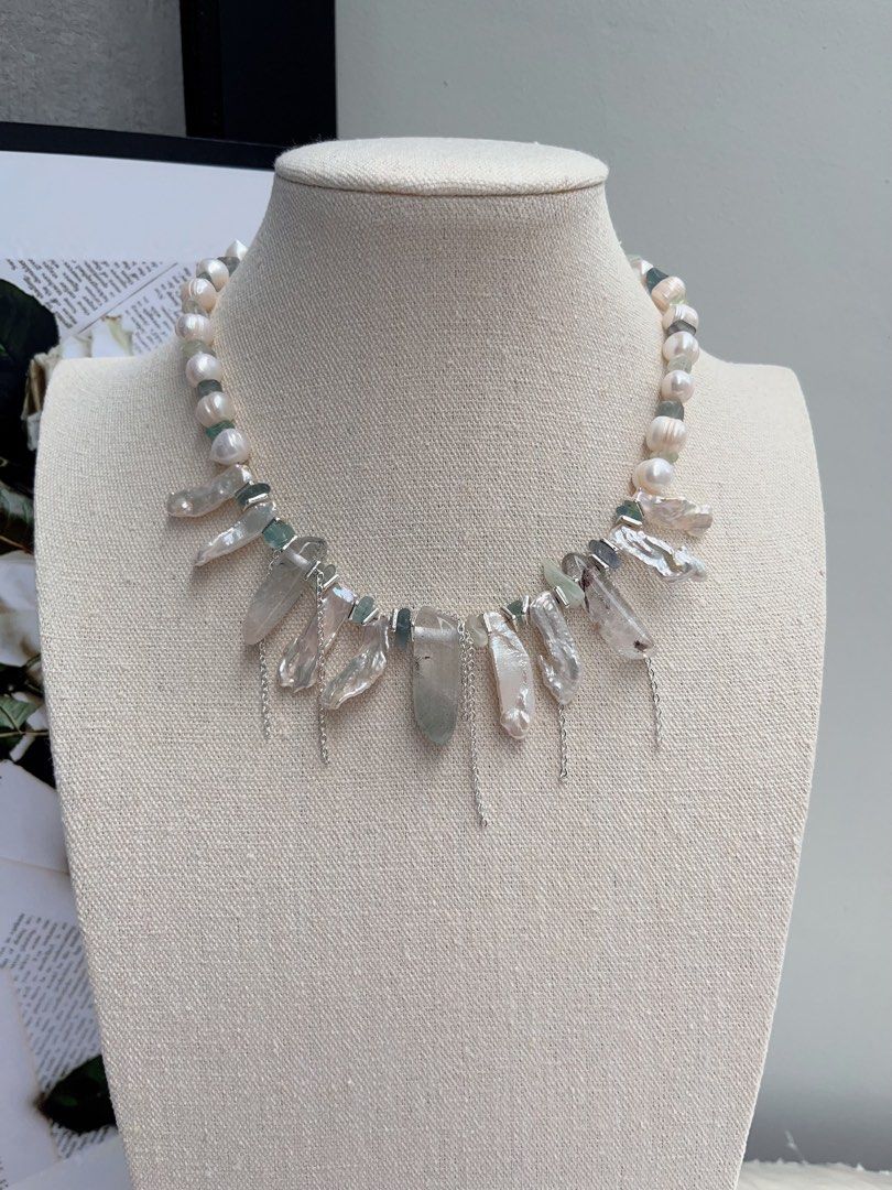 #PN1055 Freshwater Pearl Necklace | 40+5cm| Lute Pearl | Garden Quartz Tower| Lustrous | Natural Stones | Growth Lines| Bohemia Style | Christmas Gift 💝 Option| Free Gift Card| Angels Wings