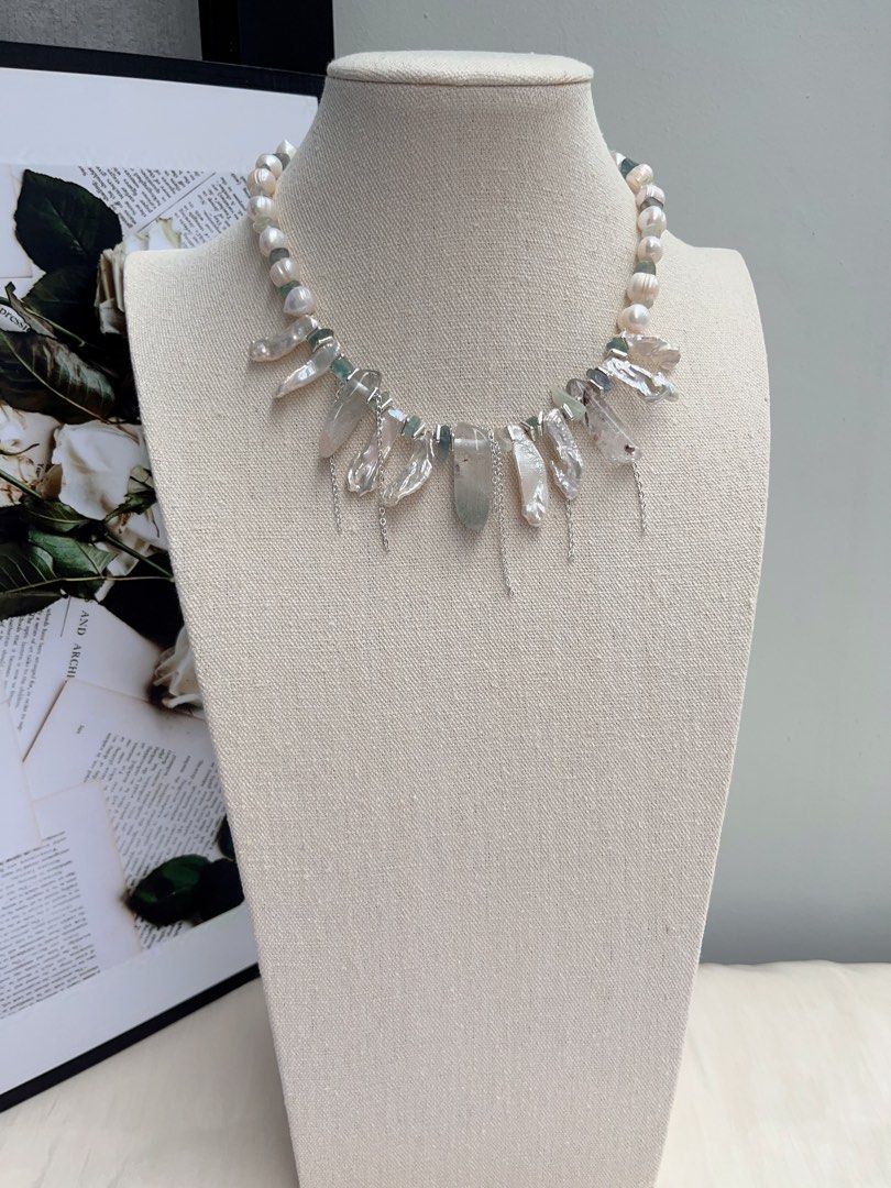 #PN1055 Freshwater Pearl Necklace | 40+5cm| Lute Pearl | Garden Quartz Tower| Lustrous | Natural Stones | Growth Lines| Bohemia Style | Christmas Gift 💝 Option| Free Gift Card| Angels Wings